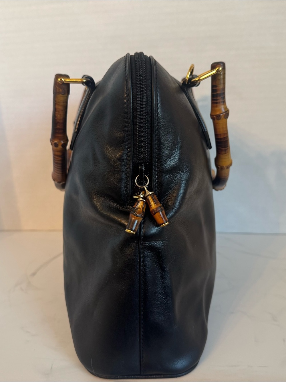 Large Authentic Gucci Black leather bamboo handle bag purse satchel - Picture 7 of 17